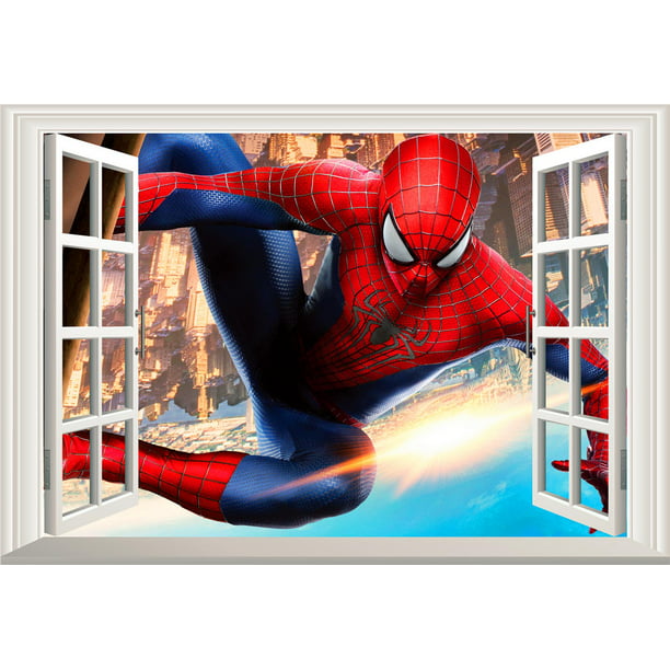 Large Spider Man 3D Window View scene Kids Wall Decals Sticker Home Nursery Art